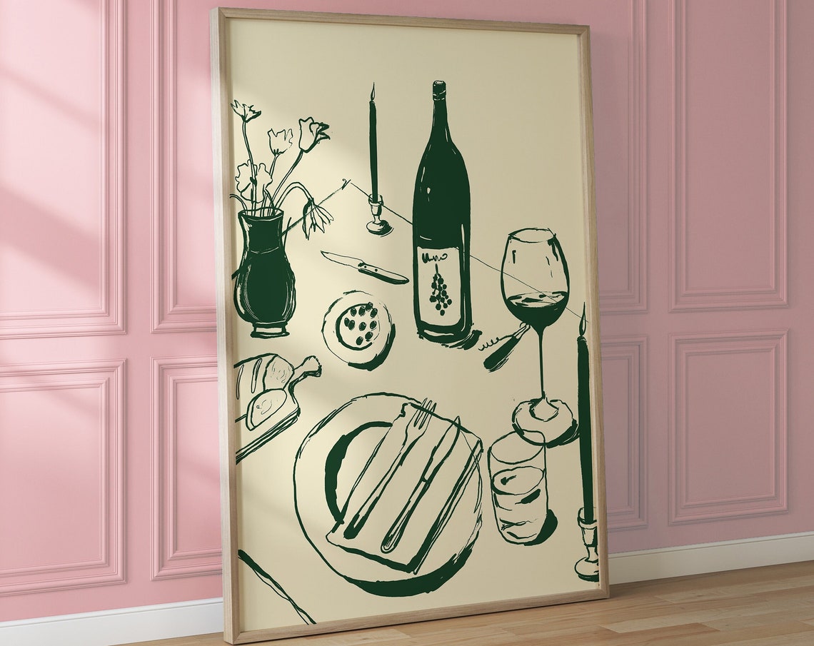 Rustic Green Ink Vino Bottle Table Sketch Italian Dinner Art Poster - Image 3