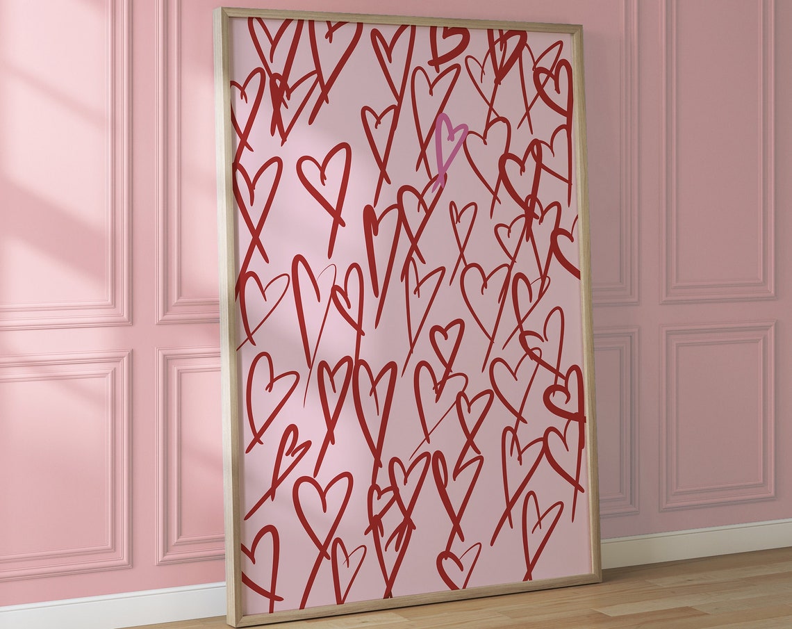 Sweet Red Scribbled Hearts Doodle Pink Background Art Poster - Image 4