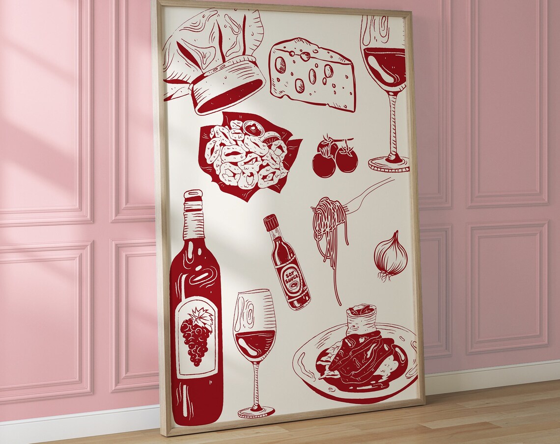 Dinner Table Wine Cheese Pasta Print Aesthetic Kitchen Decor Cute Cooking Art Kitchen Wall Art Prints Dinner Party Chef Wall Art - Image 4