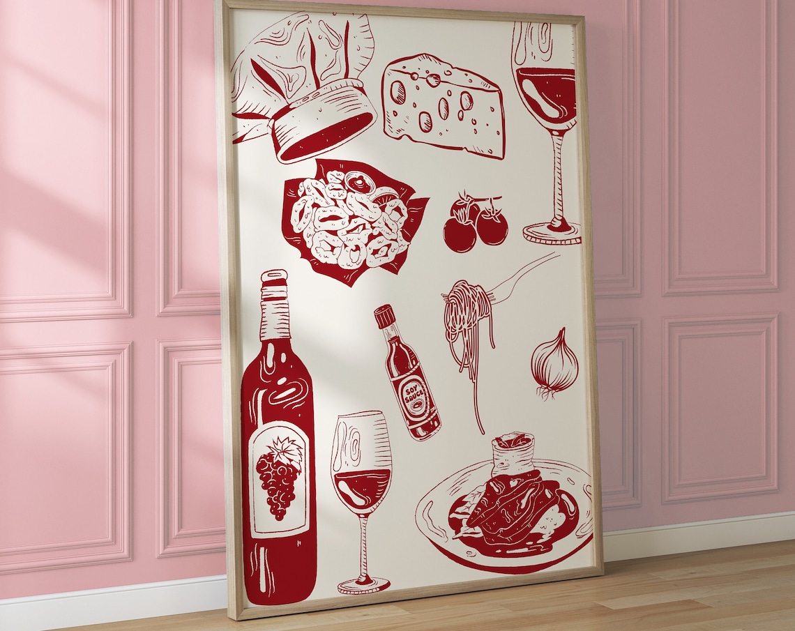 Italian Dinner Party Red Line Art Food and Wine Kitchen Poster - Image 4
