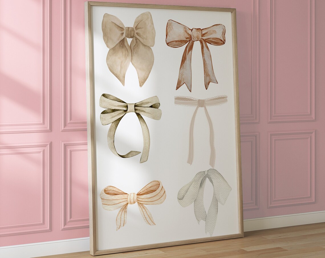 Beige Watercolor Bows Set Of Six Coquette Ribbon Holiday Poster