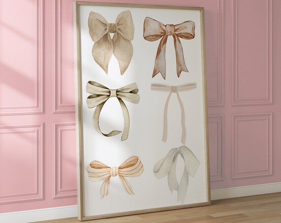 Beige Watercolor Bows Set Of Six Coquette Ribbon Holiday Poster