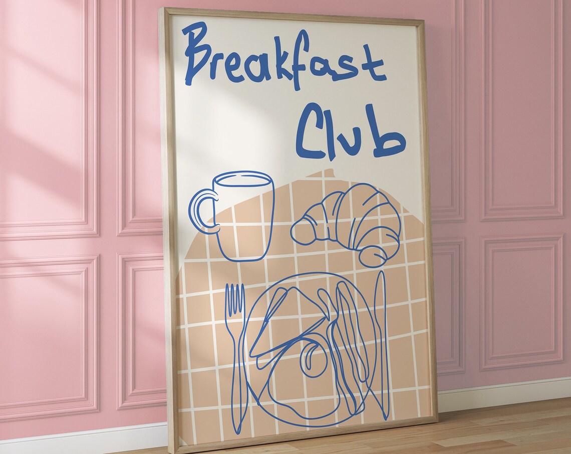 Breakfast Club Blue Line Art Croissant Coffee Morning Poster - Image 4
