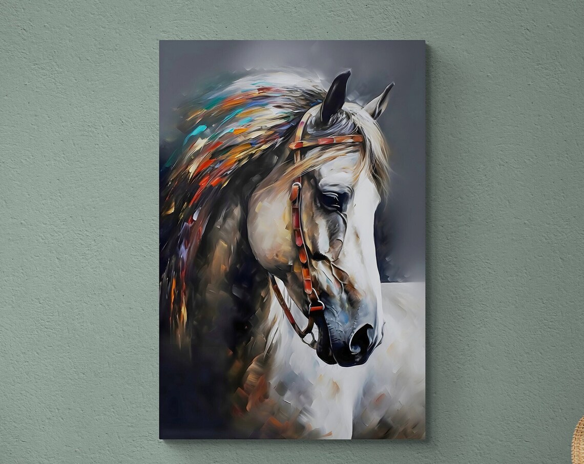 White Horse With Colorful Mane Portrait Bridle Equestrian Art Poster - Image 3