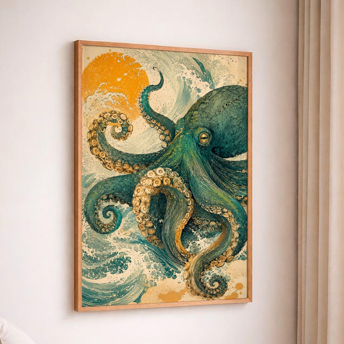 Japanese Octopus In Waves Ukiyo-e Style Teal And Gold Poster
