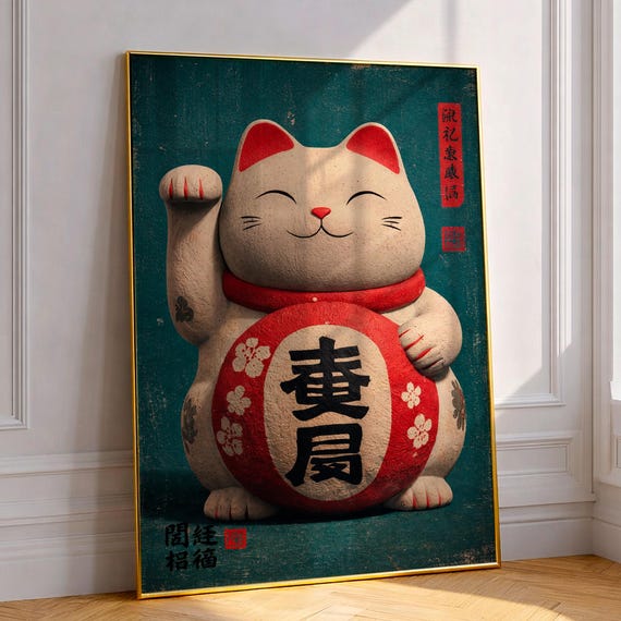 Japanese Lucky Cat Poster Maneki Neko Wall Art Vintage Japan Decor Fortune Print Asian Aesthetic Artwork Retro Style Gift