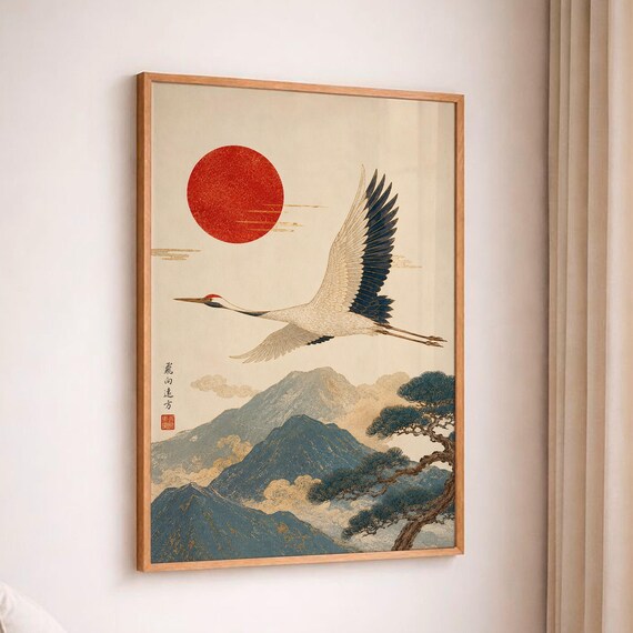 Vintage Japanese Crane Art Print Asian Style Red Sun Blue Mountain Poster Flying Bird Painting Oriental Nature Decor Zen Bedroom Artwork