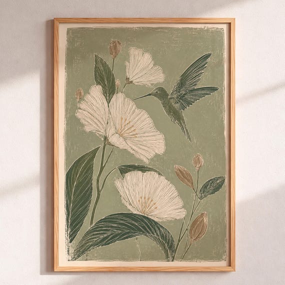 Hummingbird Linocut Print Botanical Wall Art Sage Green Floral Block Nature Lover Gift Vintage Style Bird Minimalist Decor