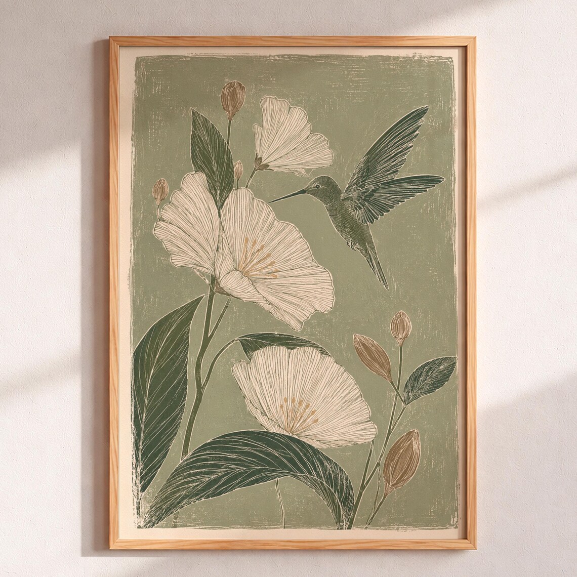 Sage Green Hummingbird Linocut Style Botanical Floral Wall Art