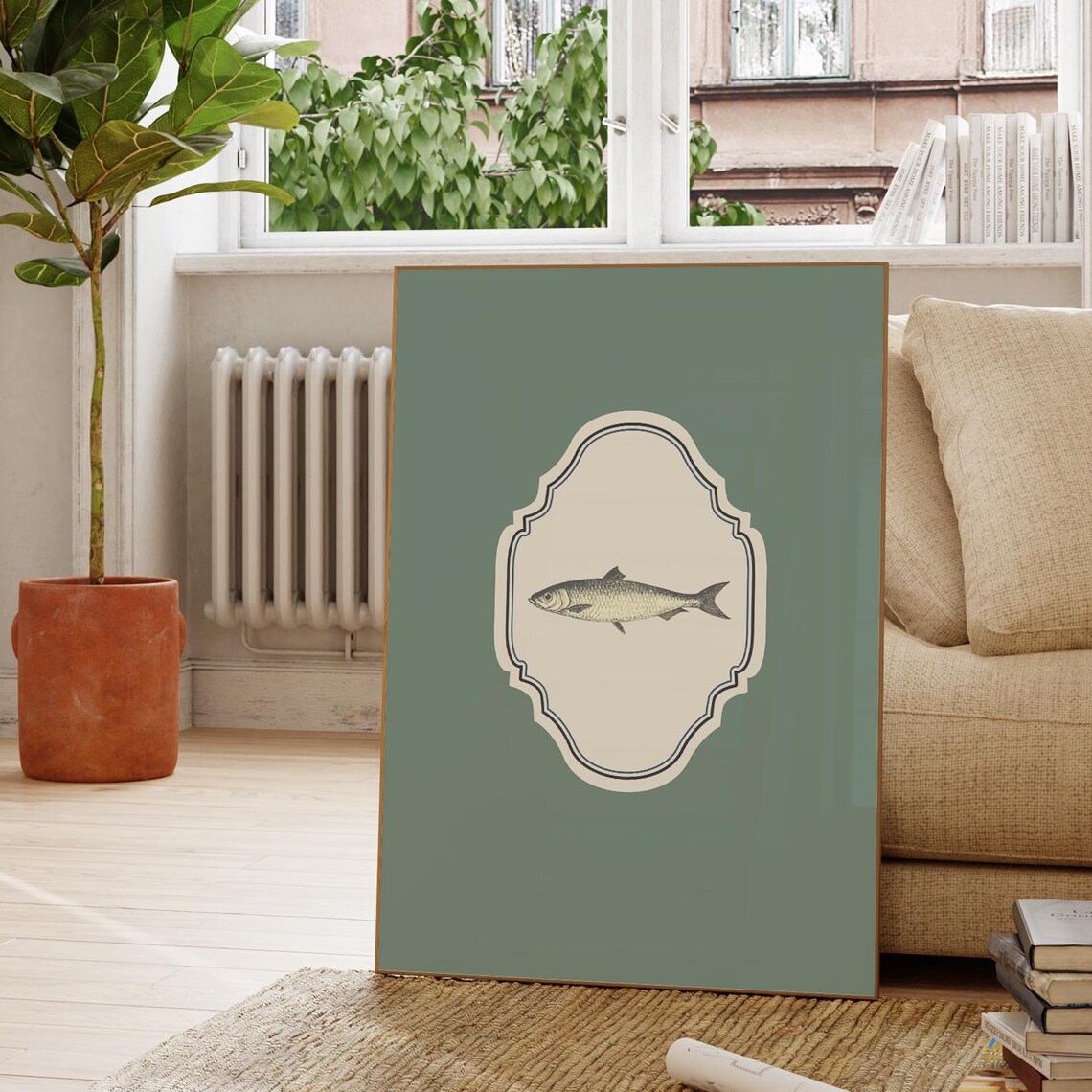 Sage Green Vertical Fish Illustration Print Wall Art Trendy Decor Nursery Decor Vintage