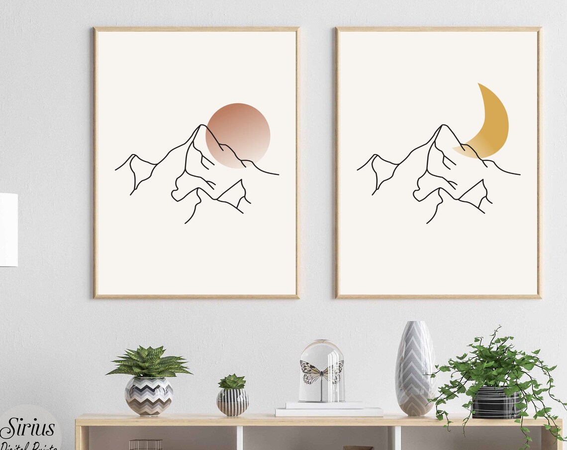Mountain Sun And Moon Line Art Art Print