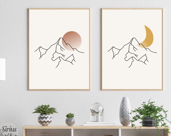Mountain Sun And Moon Line Art Art Print
