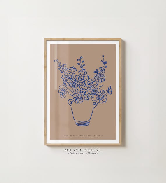 Blue Line Art Floral Modern Vase Botanical Wall Minimalist Contemporary Gallery Flower Poster