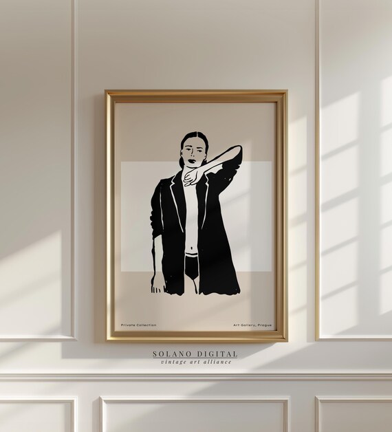 Minimalist Fashion Wall Art Line Drawing Woman In Blazer Black And Beige For Modern Decor