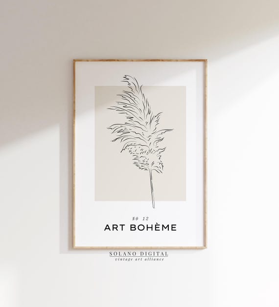 Pampas Grass Line Art Print Minimal Botanical Wall Boho Neutral Modern Poster