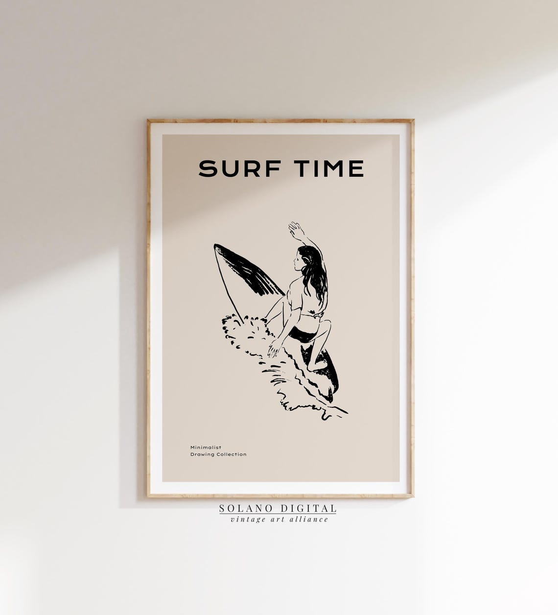 Surf Time Girl Surfer Riding Wave Minimalist Line Drawing Poster