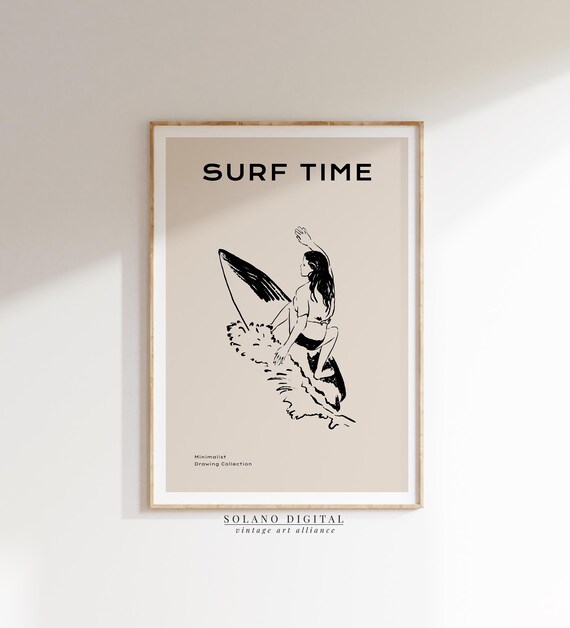 Surf Time Girl Surfer Riding Wave Minimalist Line Drawing Poster