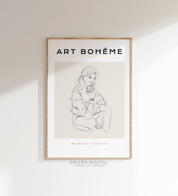 Woman with Flower Minimalist Line Drawing Art Boheme Collection Poster