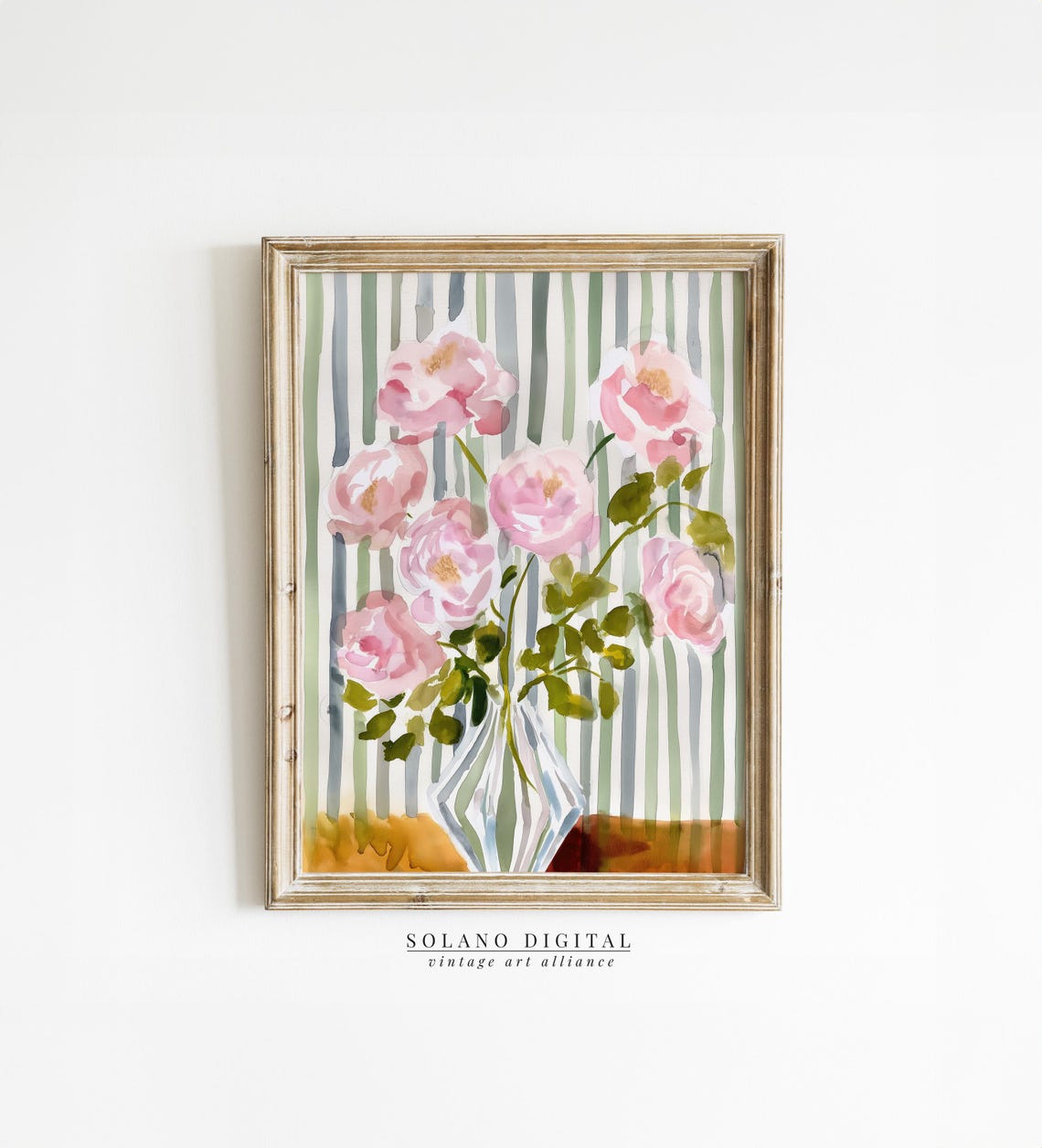 Striped Floral Art Modern Botanical Prints Pink Flower Watercolor Botanicals Grandmillennial Home Decor
