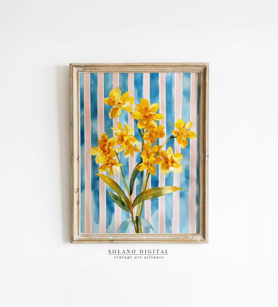 Striped Floral Art Modern Botanical Prints Yellow Flower Watercolor Botanicals Grandmillennial Home Decor
