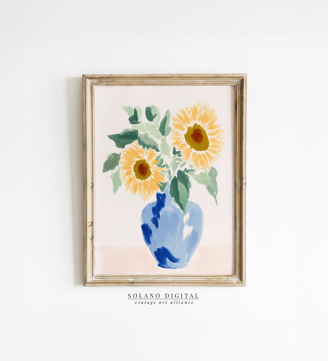 Two Bold Sunflowers in Blue Vase Blush Watercolor Floral Poster