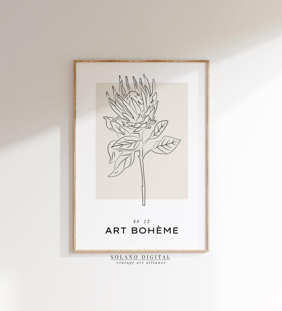 Boho Protea Line Art Print Minimalist Botanical Wall Black And White Flower Poster For Bohemian Home Decor