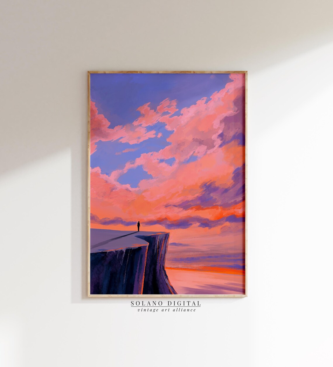 Silhouette on Cliff Edge Pink Sunset Sky Digital Painting Poster