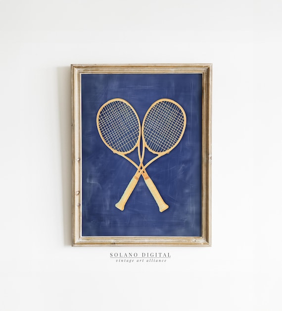 Vintage Wooden Tennis Rackets Crossed on Navy Blue Sports Poster