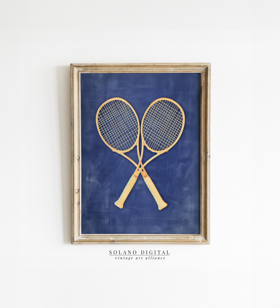 Vintage Wooden Tennis Rackets Crossed on Navy Blue Sports Poster