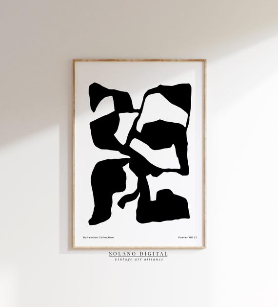 Black Abstract Art Minimalist Boho Wall Poster Modern Organic Shapes Neutral Contemporary Decor
