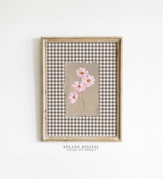 Gingham Flower Print, Vintage Floral Nursery Decor