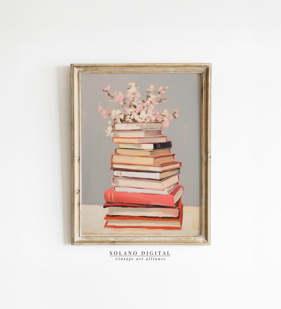 Stack of Vintage Books With Pink Blossoms Oil Painting Poster