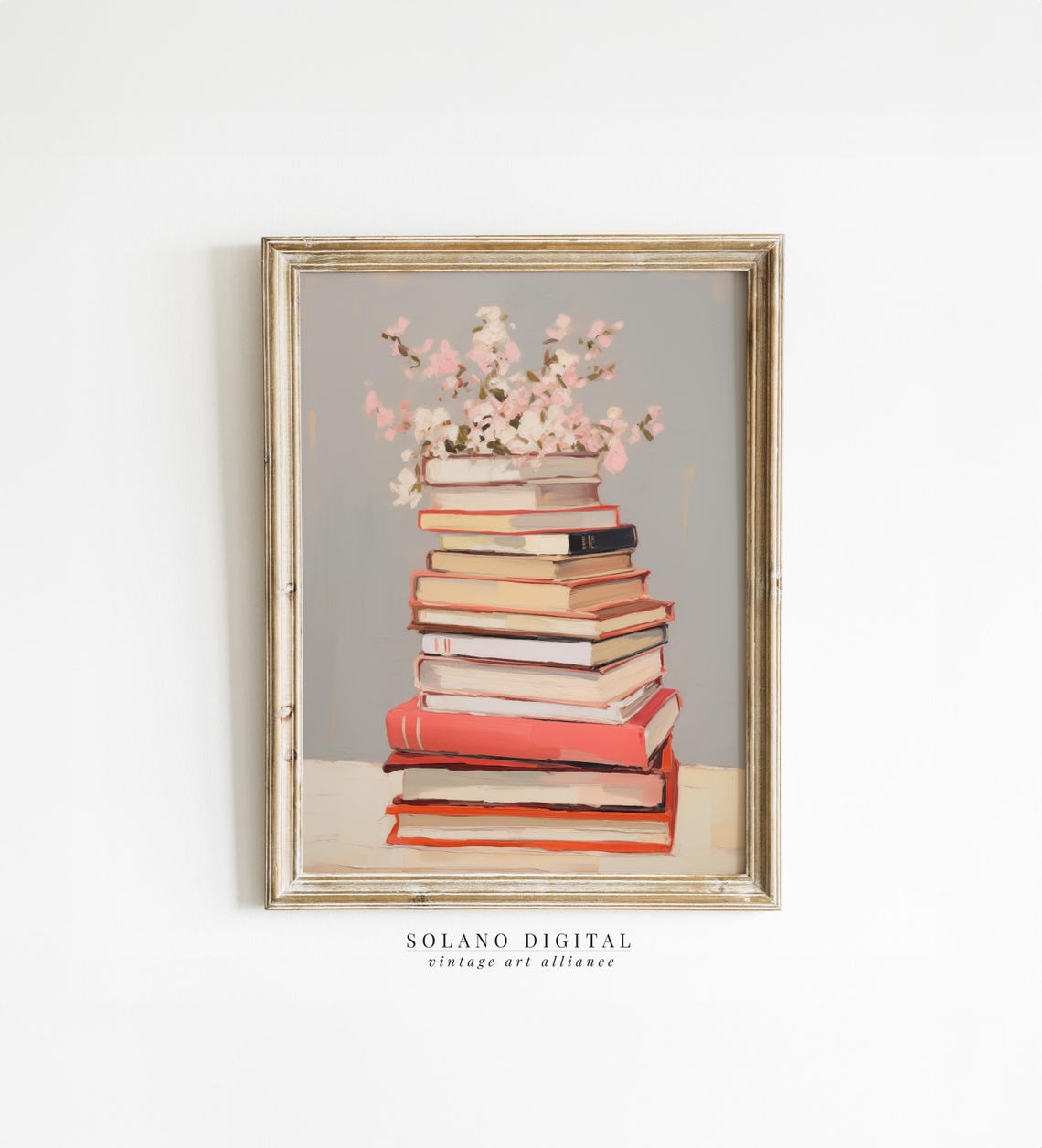 Stack of Vintage Books With Pink Blossoms Oil Painting Poster
