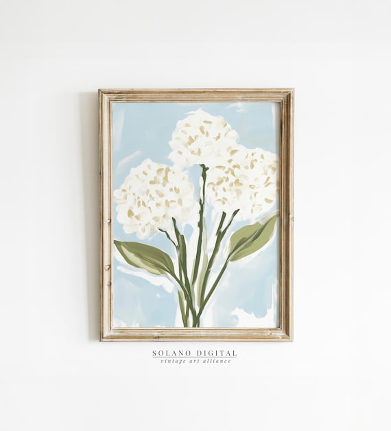 White Hydrangea Floral Art Print, Modern Botanical Decor
