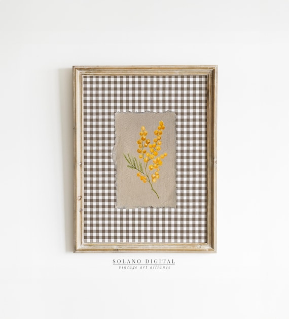 Brown Gingham Yellow Flower Print Wall Art Trendy Decor Vintage Floral Painting Nursery Mimosa Flowers