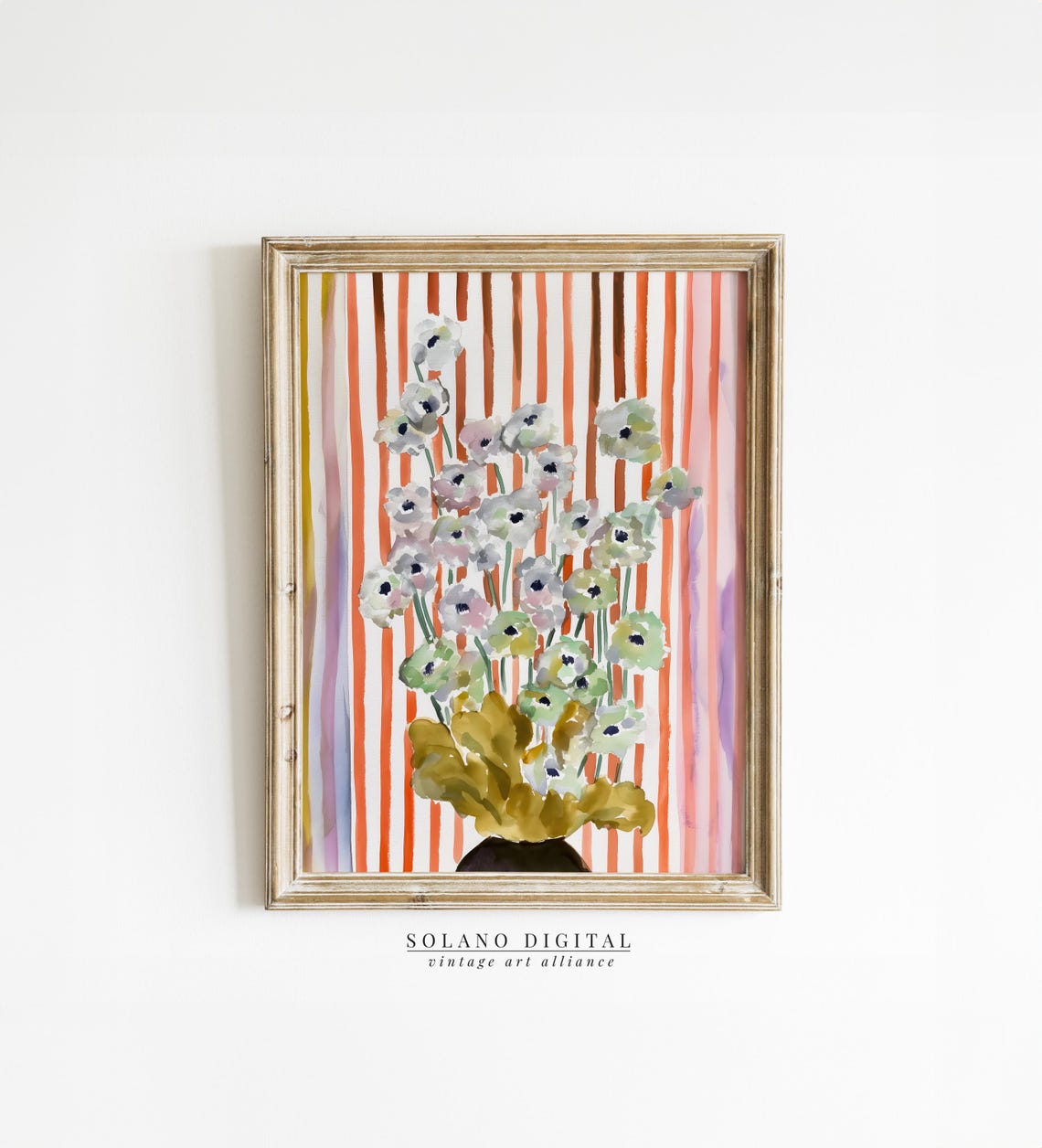 White Anemone Watercolor Bouquet on Coral Stripes Floral Art Print