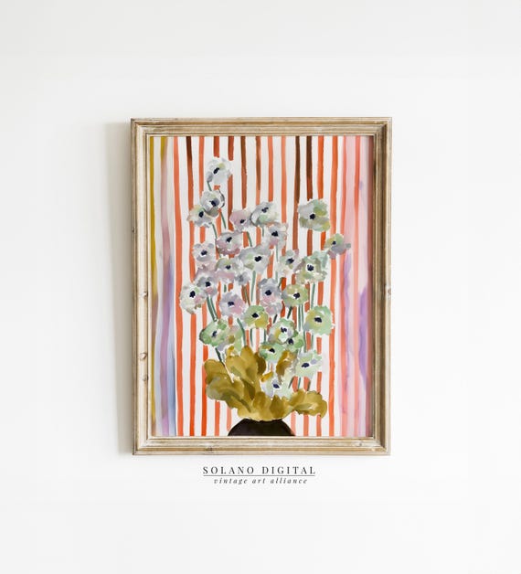 Striped Floral Art Modern Botanical Prints Pastel Flower Watercolor Botanicals Grandmillennial Home Decor