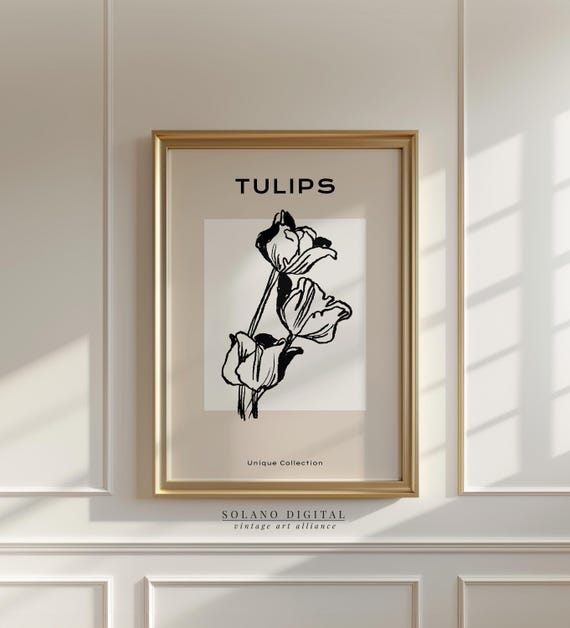 Minimalist Tulip Line Art Print Black And White Botanical Wall Decor Flower Modern Floral Poster