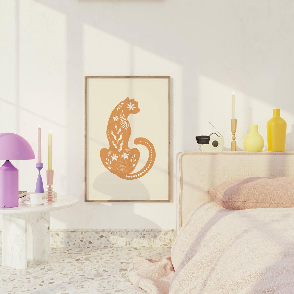 Terracotta Leopard Botanical Floral Silhouette Earthy Cat Print - Image 3