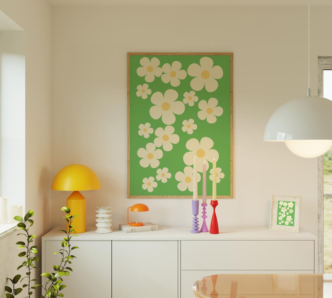 Retro Daisy Pattern Green Cream Cheerful Floral Spring Poster - Image 2