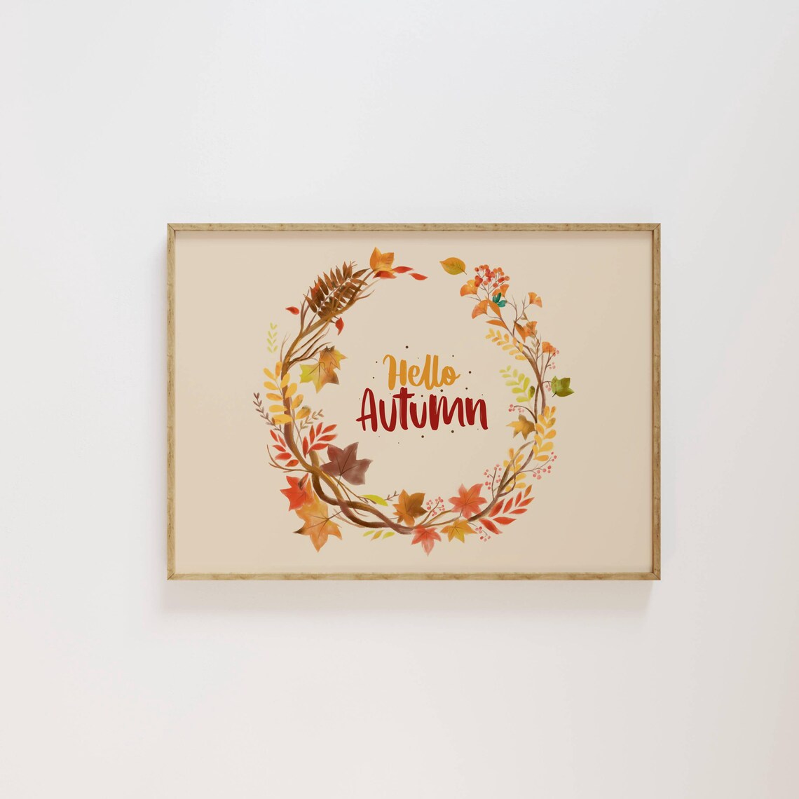 Hello Autumn Watercolor Wreath Fall Leaves Warm Seasonal Poster