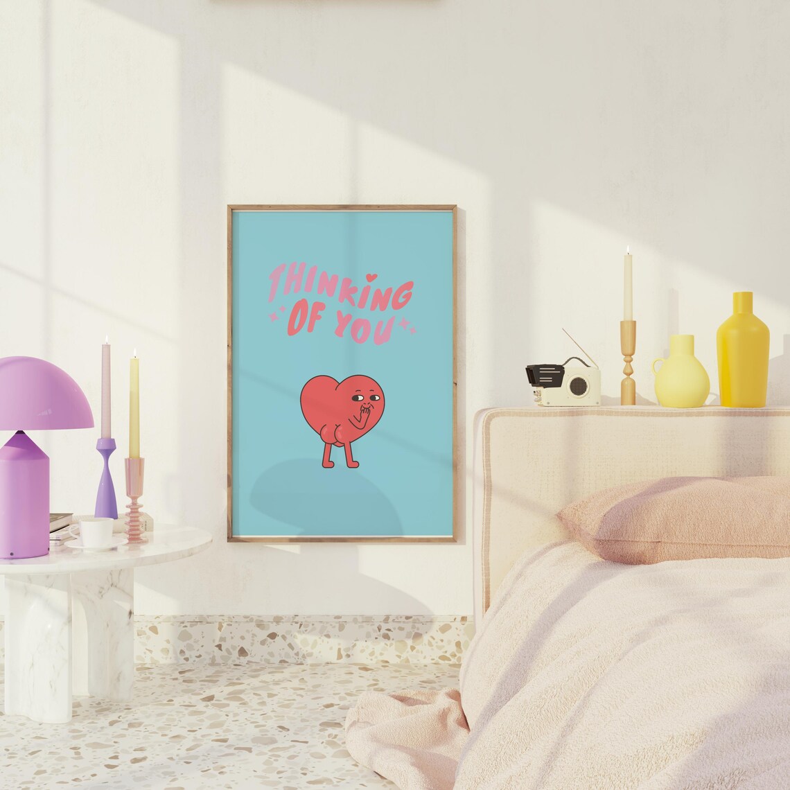 Thinking Of You Cute Red Heart Character Blue Cartoon Art Poster - Image 3