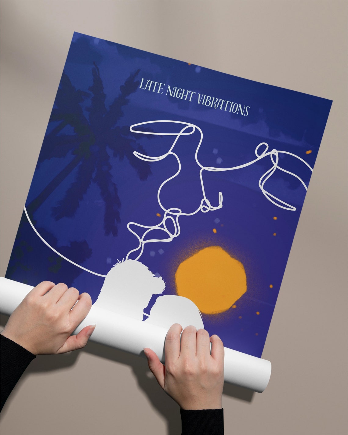 Late Night Vibrations Lovers Silhouette Moon Palm Tropical Poster - Image 2