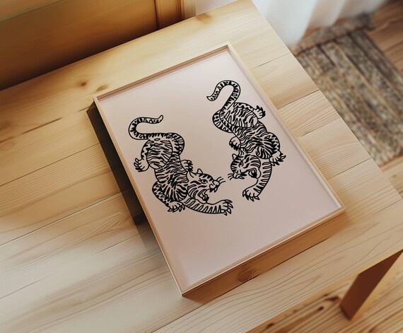 Japanese Twin Tigers Ink Style Minimalist Zen Print Gift Decor