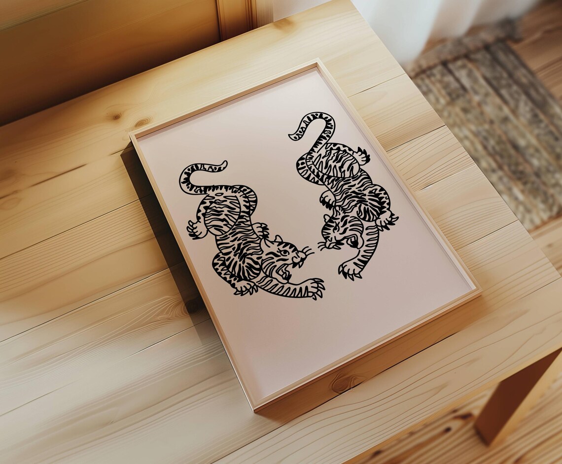 Japanese Twin Tigers Ink Style Minimalist Zen Print Gift Decor