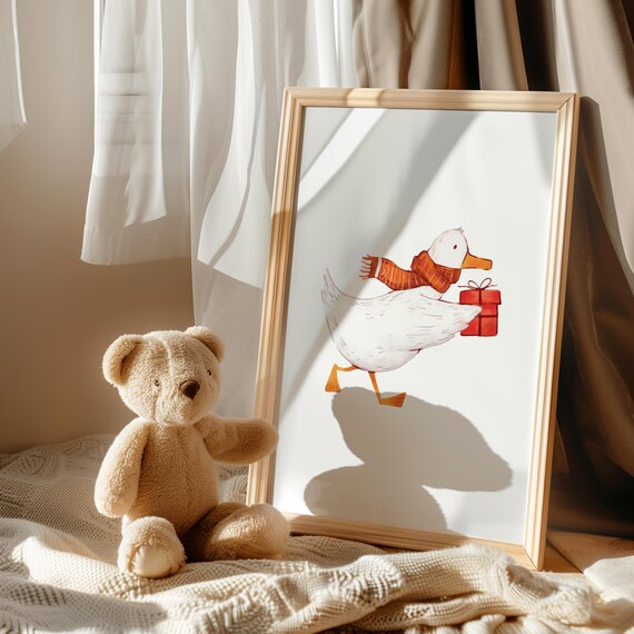 Duck With Gift Poster Cute Holiday Animal Art Christmas Print Fun Minimalist Winter Wall Art For Festive Home Decoration