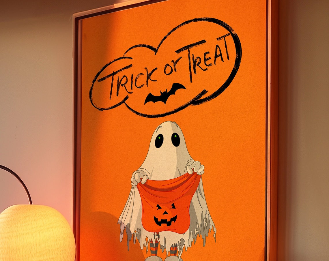 Cute Ghost Trick or Treat Pumpkin Candy Bag Orange Halloween Poster - Image 4