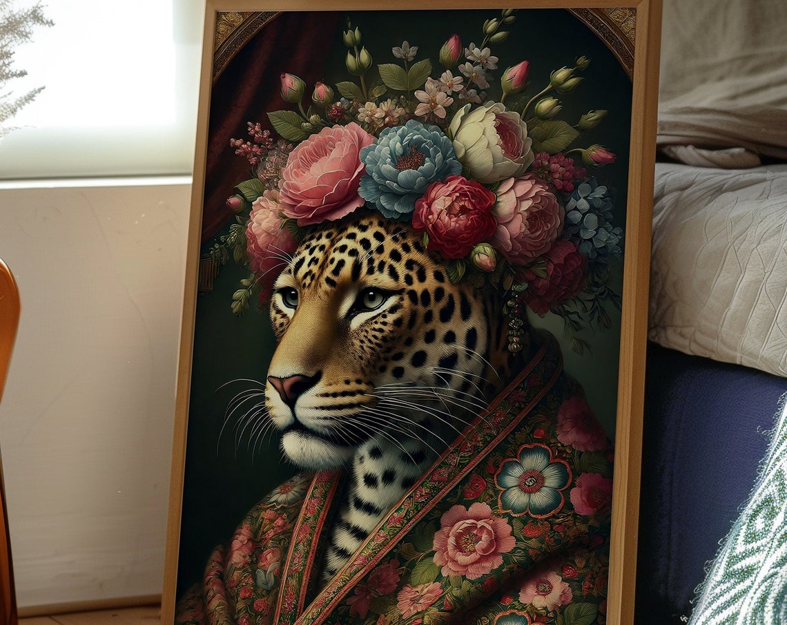 Leopard In Floral Headdress Regal Maximalist Baroque Art Poster
