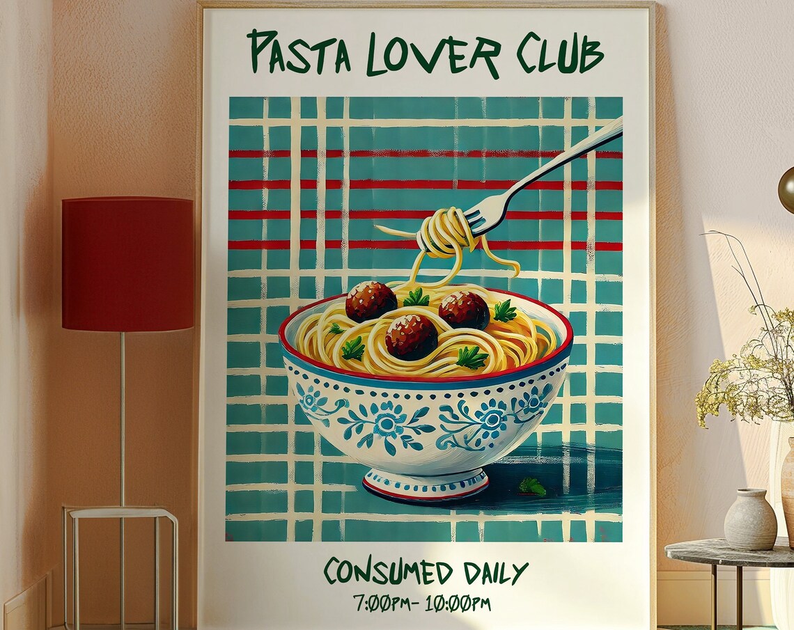 Pasta Lover Club Spaghetti Meatballs Teal Checkered Retro Poster - Image 4