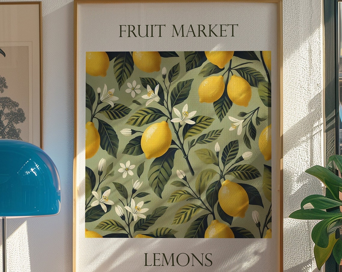 Fruit Market Lemons Botanical Illustration Trendy Kitchen Wall Poster